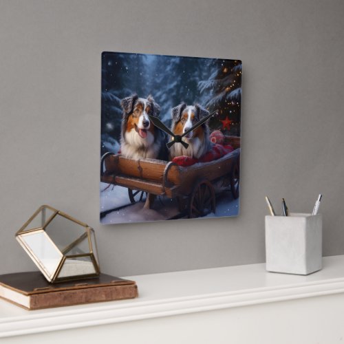 Australian Shepherd Snowy Sleigh Christmas Decor Square Wall Clock