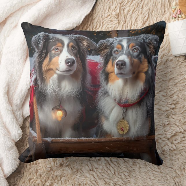 Australian Shepherd Snowy Sleigh Christmas Decor Throw Pillow (Blanket)