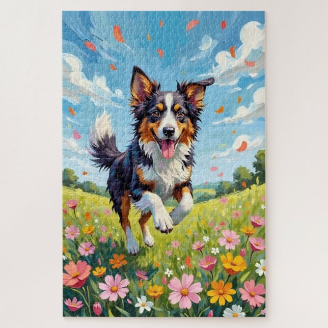 Australian Shepherd Spring Wildflower Dog Jigsaw Puzzle (Vertical)
