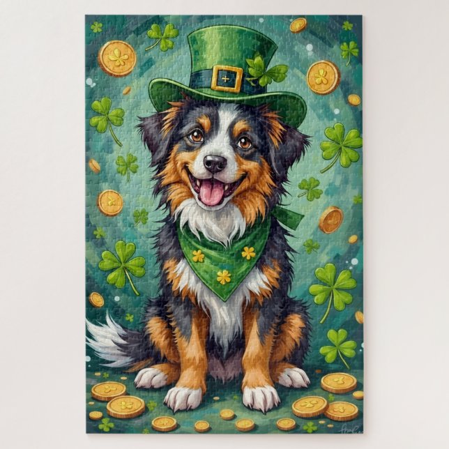 Australian Shepherd St Patrick’s Day Lucky Dog Jigsaw Puzzle (Vertical)