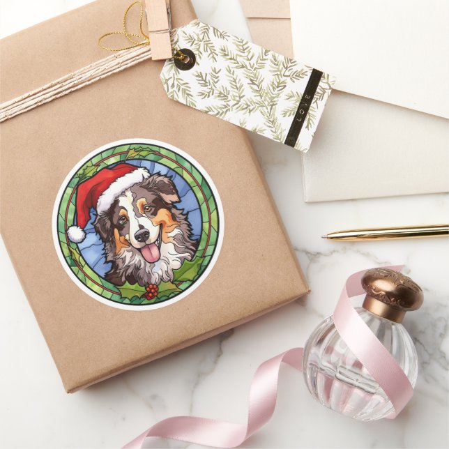 Australian Shepherd Stained Glass Christmas Classic Round Sticker (Gifting)