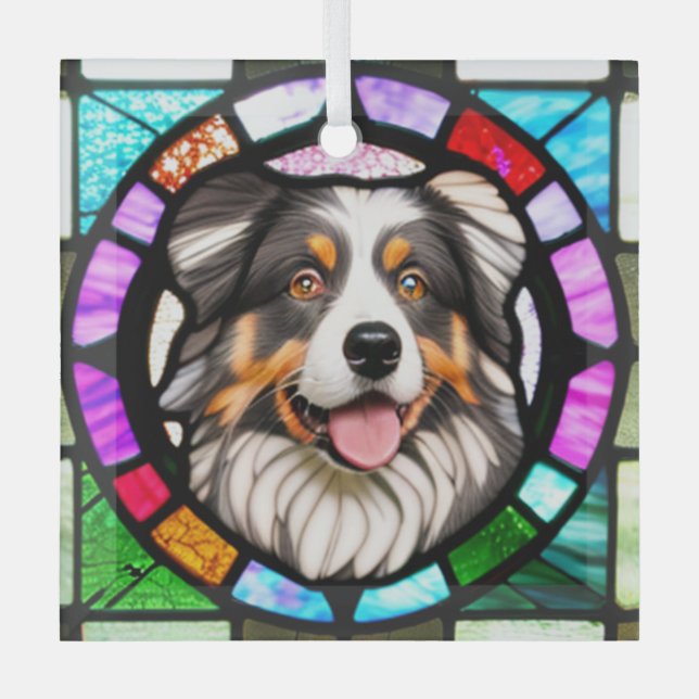 Australian Shepherd "Stained Glass"  Glass Ornament (Front)
