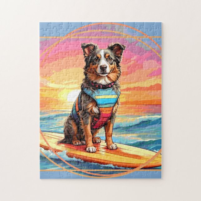 Australian Shepherd Surfing Jigsaw Puzzle (Vertical)