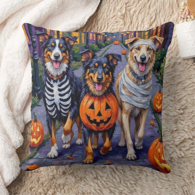 Australian Shepherd Trick-or-Treating in Halloween Throw Pillow (Blanket)
