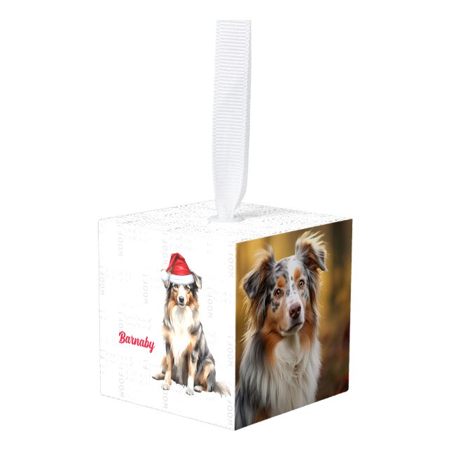 Australian Shepherd Two Photo Christmas Cube Ornament (Front Angled)