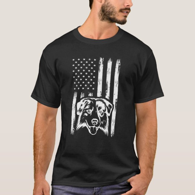 Australian Shepherd  Usa American Flag Aussie Vint T-Shirt (Front)