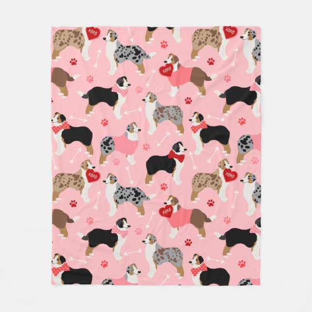Australian Shepherd Valentine Pattern Fleece Blanket (Front)