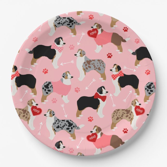 Australian Shepherd Valentine Pattern Paper Plates (Front)