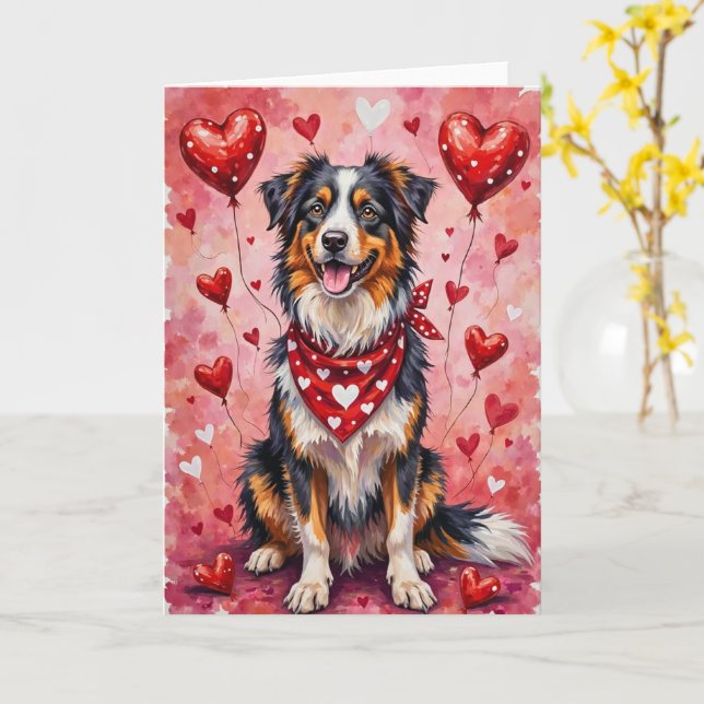 Australian Shepherd Valentine’s Day Dog with Heart Card (Yellow Flower)