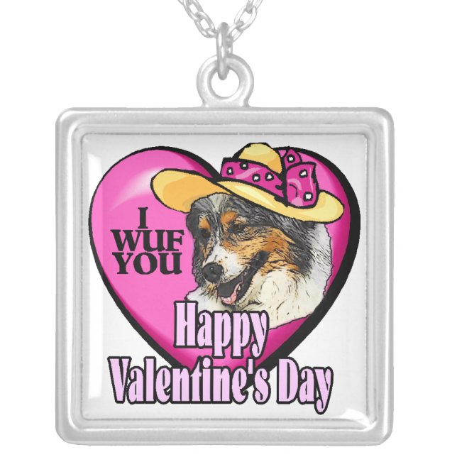 Australian Shepherd Valentines Day Silver Plated Necklace (Front)