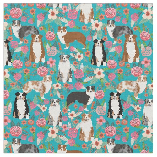 Australian Shepherd vintage florals teal Fabric