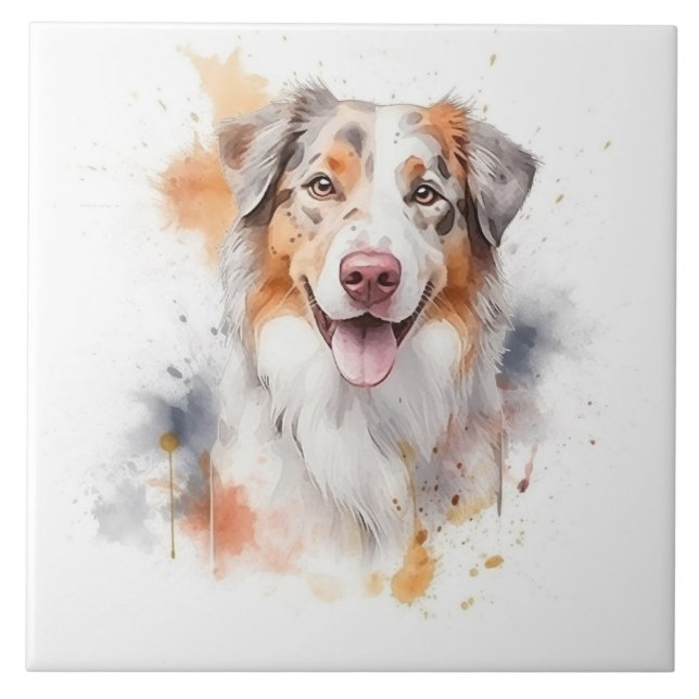 Australian Shepherd Watercolor Dog Ceramic Tile (Front)
