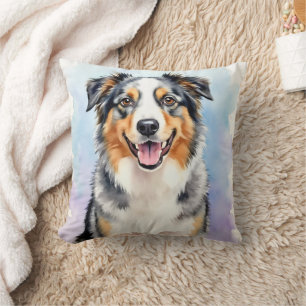 Australian Shepherd Watercolor Splash Art Throw Pillow