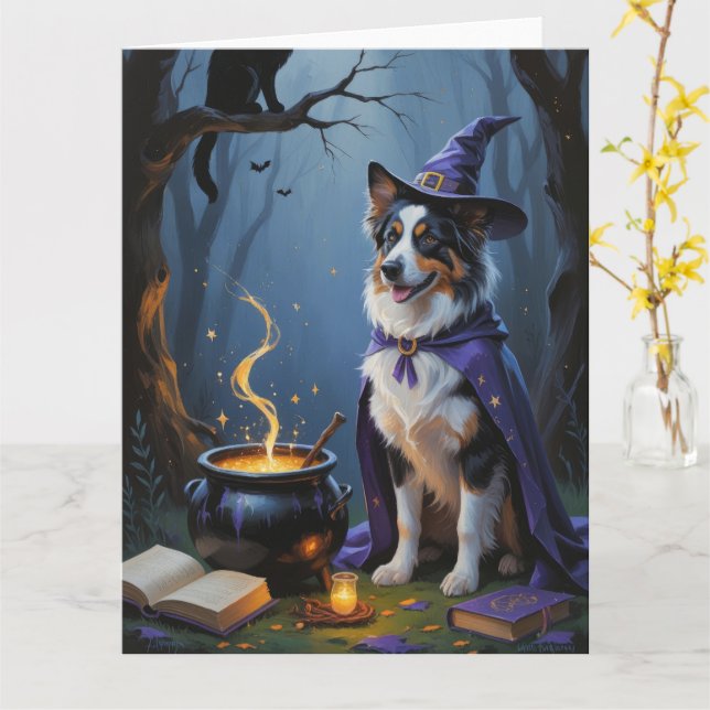 Australian Shepherd Whimsical Halloween Painting Card (Yellow Flower)