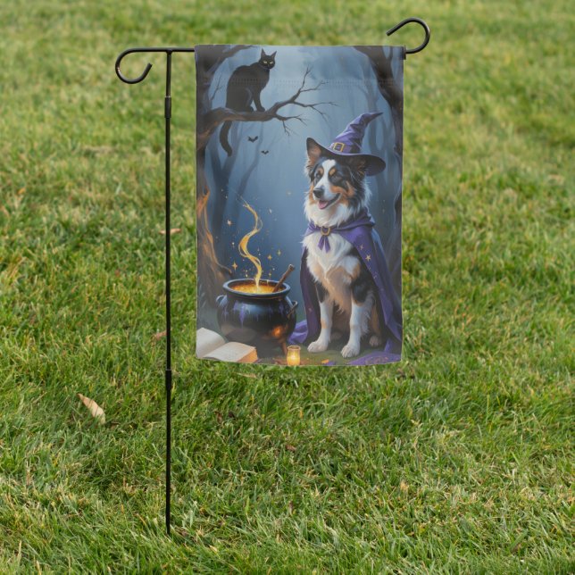 Australian Shepherd Whimsical Halloween Painting Garden Flag (In SItu)