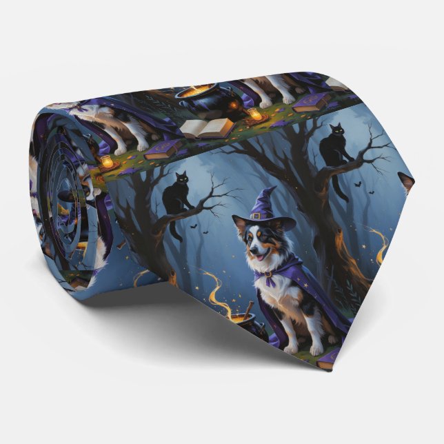 Australian Shepherd Whimsical Halloween Painting Neck Tie (Rolled)