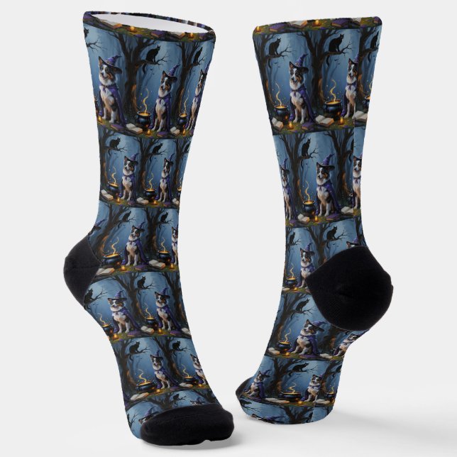 Australian Shepherd Whimsical Halloween Painting Socks (Angled)
