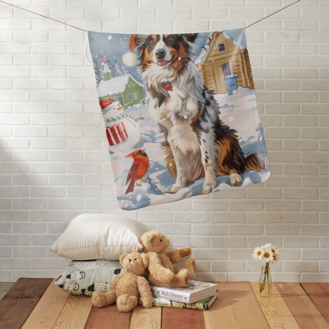 Australian Shepherd Winter Wonderland Christmas Baby Blanket (In Situ)