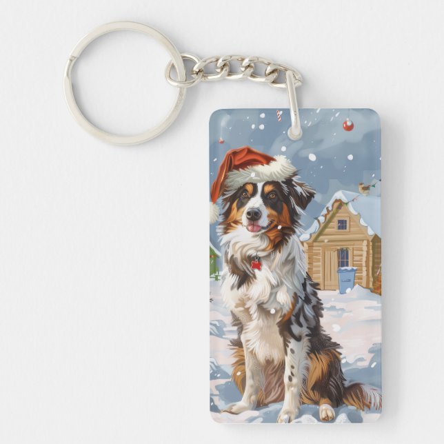 Australian Shepherd Winter Wonderland Christmas Keychain (Front)