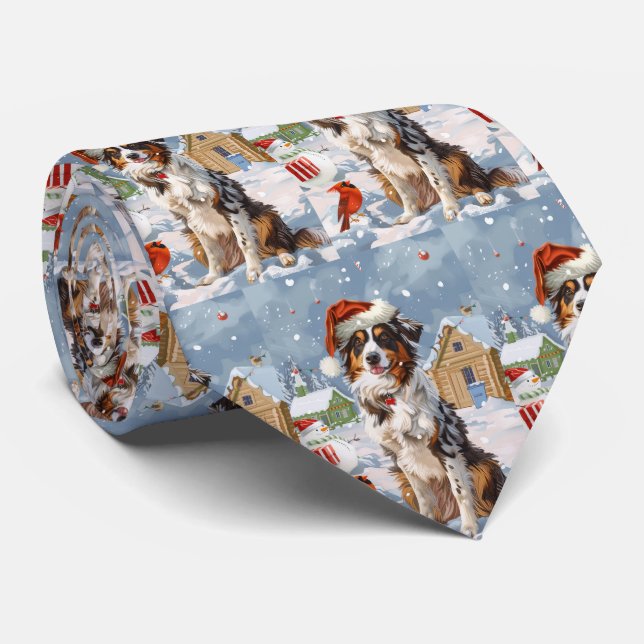 Australian Shepherd Winter Wonderland Christmas Neck Tie (Rolled)
