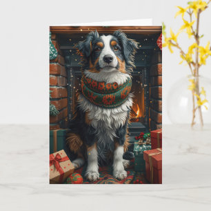 Australian Shepherd with Christmas Gifts Fireplace Card