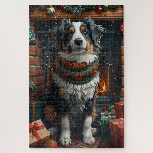 Australian Shepherd with Christmas Gifts Fireplace Jigsaw Puzzle (Vertical)