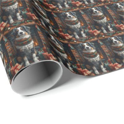 Australian Shepherd with Christmas Gifts Fireplace Wrapping Paper