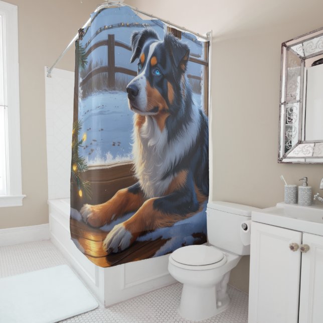 Australian Shepherd With Christmas Lights Holiday Shower Curtain (In Situ)