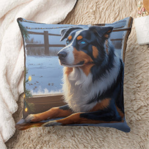 Australian Shepherd With Christmas Lights Holiday Throw Pillow