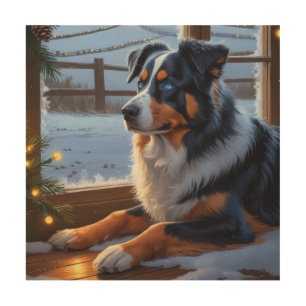 Australian Shepherd With Christmas Lights Holiday Wood Wall Art