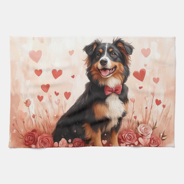 Australian Shepherd with Roses - Valentine's Day  Kitchen Towel (Horizontal)
