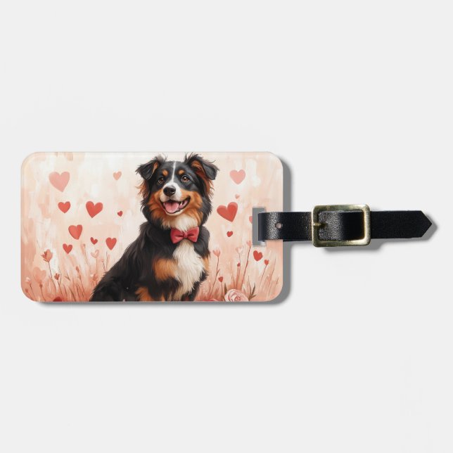 Australian Shepherd with Roses - Valentine's Day  Luggage Tag (Front Horizontal)