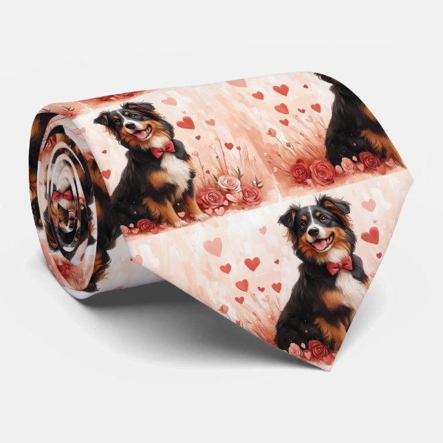Australian Shepherd with Roses - Valentine's Day  Neck Tie (Rolled)