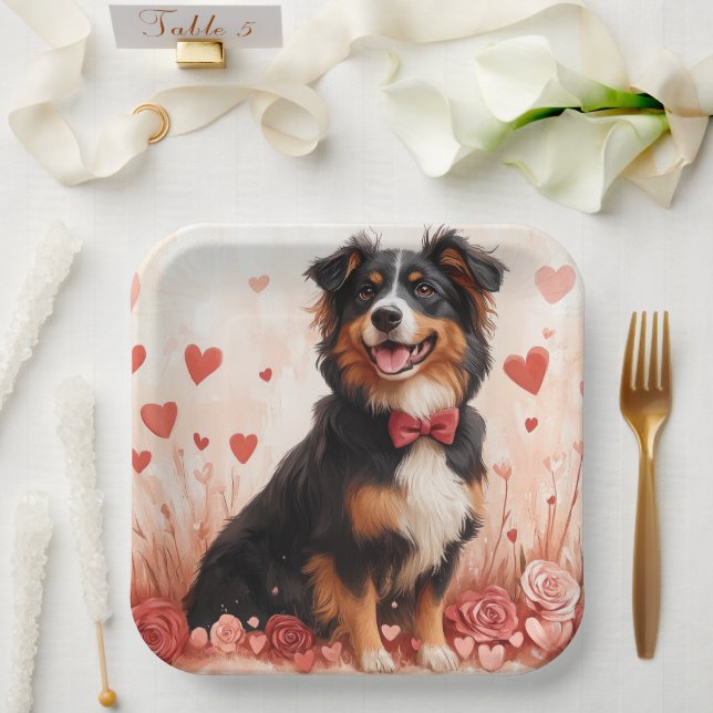 Australian Shepherd with Roses - Valentine's Day  Paper Plates (Wedding)