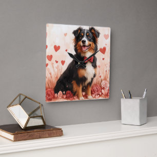 Australian Shepherd with Roses - Valentine's Day Square Wall Clock