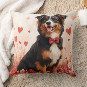 Australian Shepherd with Roses - Valentine's Day Throw Pillow