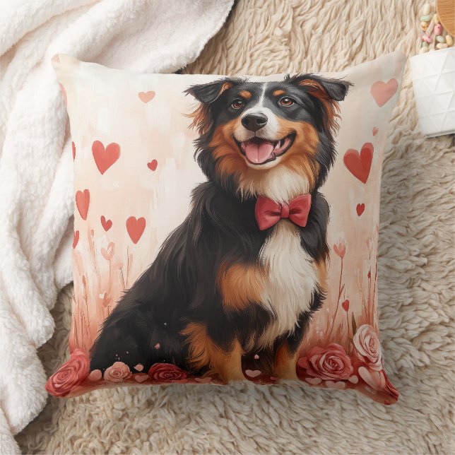 Australian Shepherd with Roses - Valentine's Day  Throw Pillow (Blanket)