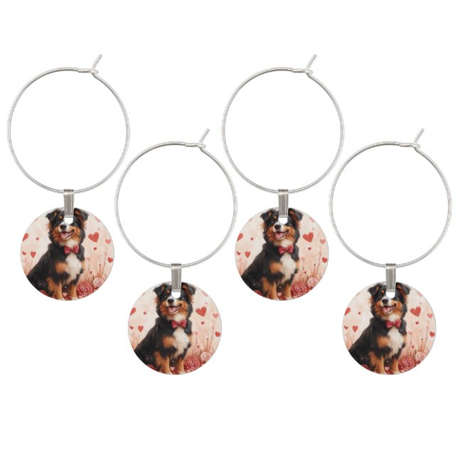 Australian Shepherd with Roses - Valentine's Day  Wine Charm (Staggered)
