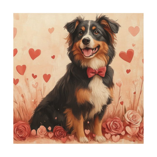 Australian Shepherd with Roses - Valentine's Day  Wood Wall Art (Front)