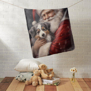Australian Shepherd with Santa Claus Christmas Baby Blanket