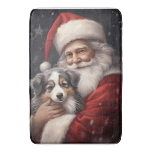 Australian Shepherd with Santa Claus Christmas Bath Mat