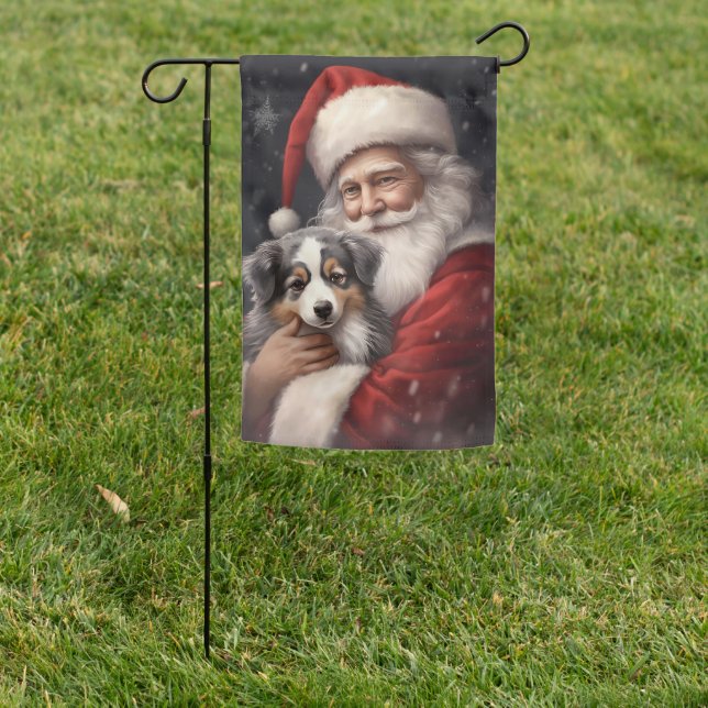 Australian Shepherd with Santa Claus Christmas  Garden Flag (In SItu)