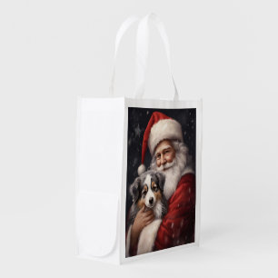 Australian Shepherd with Santa Claus Christmas  Grocery Bag