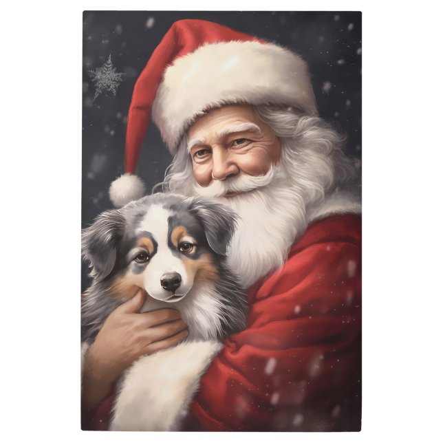 Australian Shepherd with Santa Claus Christmas  Metal Print (Front)