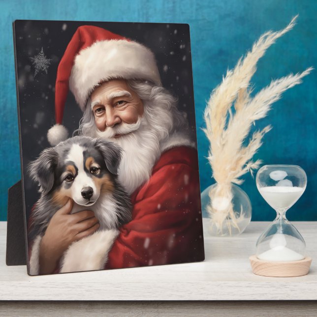 Australian Shepherd with Santa Claus Christmas  Plaque (Side)