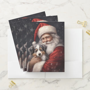 Australian Shepherd with Santa Claus Christmas Pocket Folder