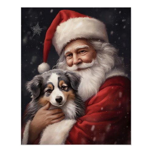 Australian Shepherd with Santa Claus Christmas  Poster