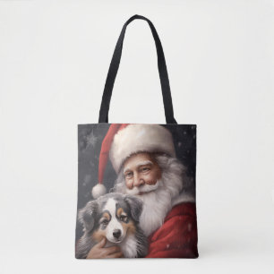 Australian Shepherd with Santa Claus Christmas Tote Bag