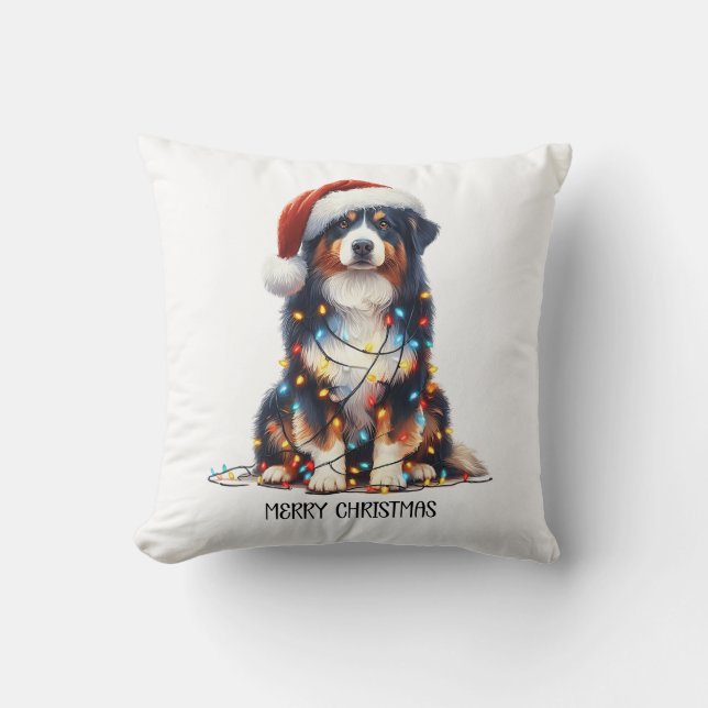Australian Shepherd Wrapped in Christmas Light Throw Pillow (Front)