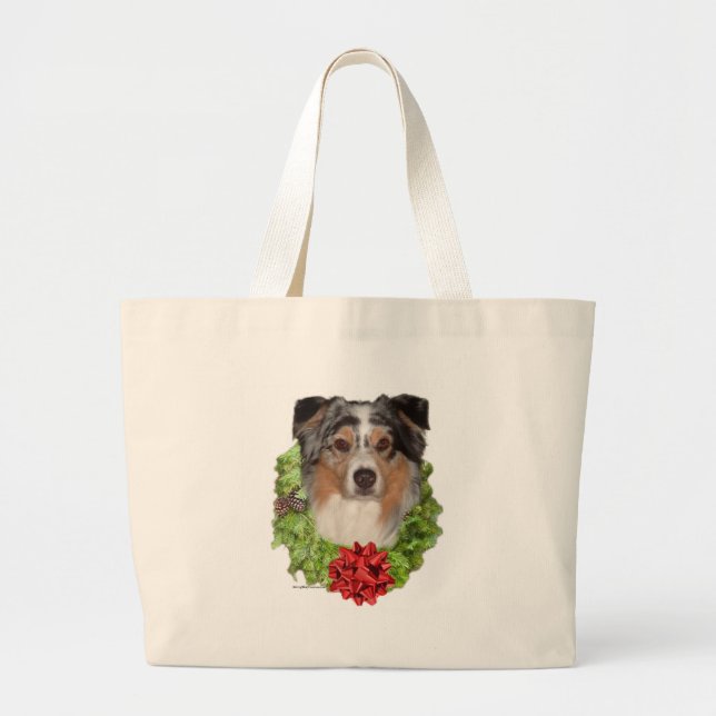 Australian Shepherd Wreath Large Tote Bag (Front)